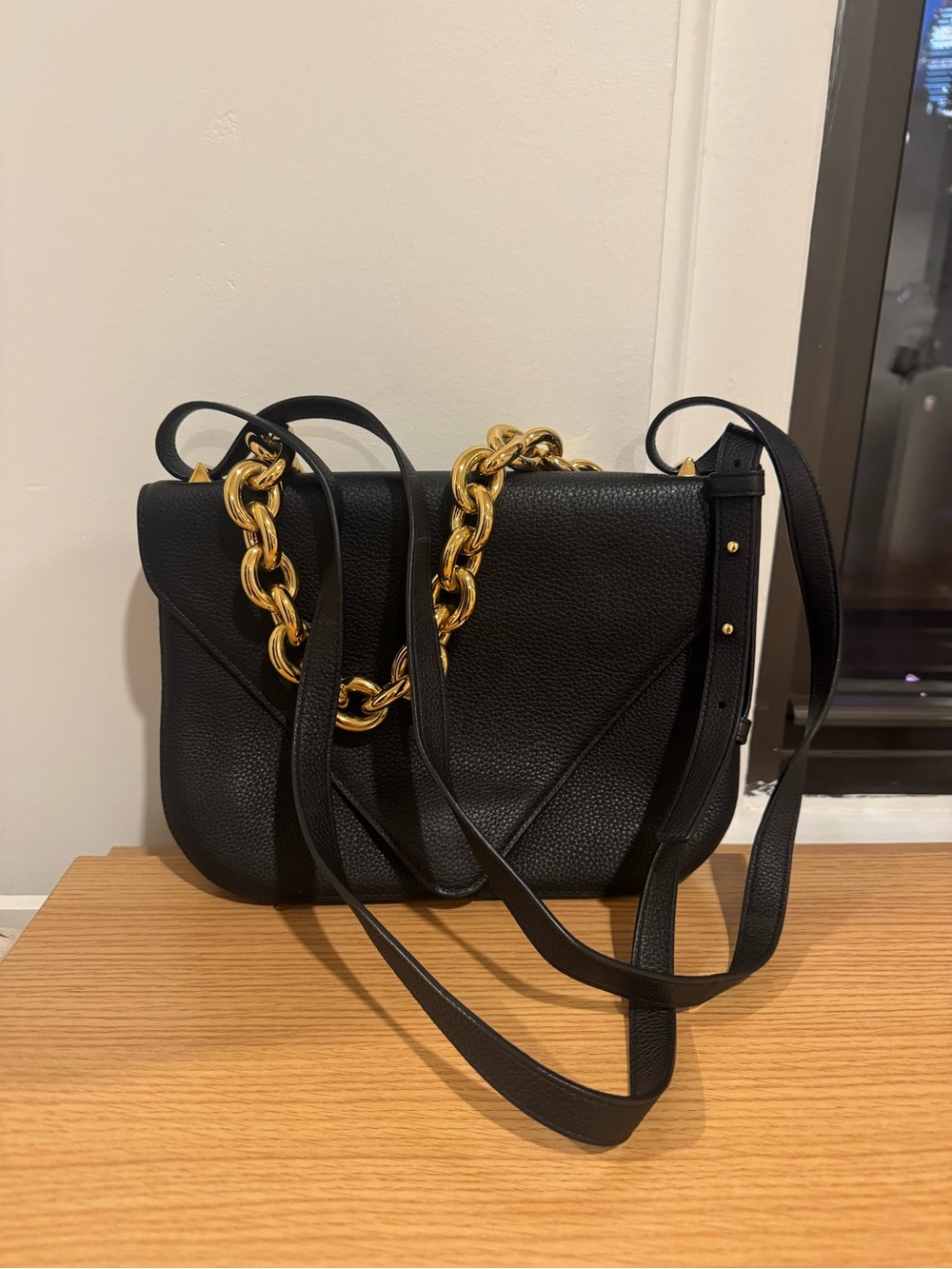 Bottega Veneta Black Leather Shoulder Bag with Gold Chain